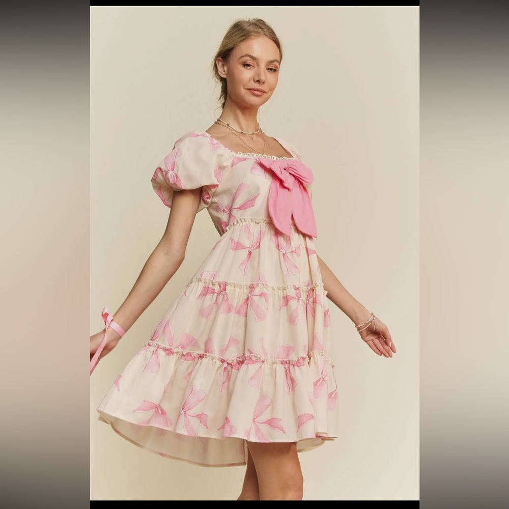 Pink Bow Puff Sleeve Dress - Picture 4 of 10